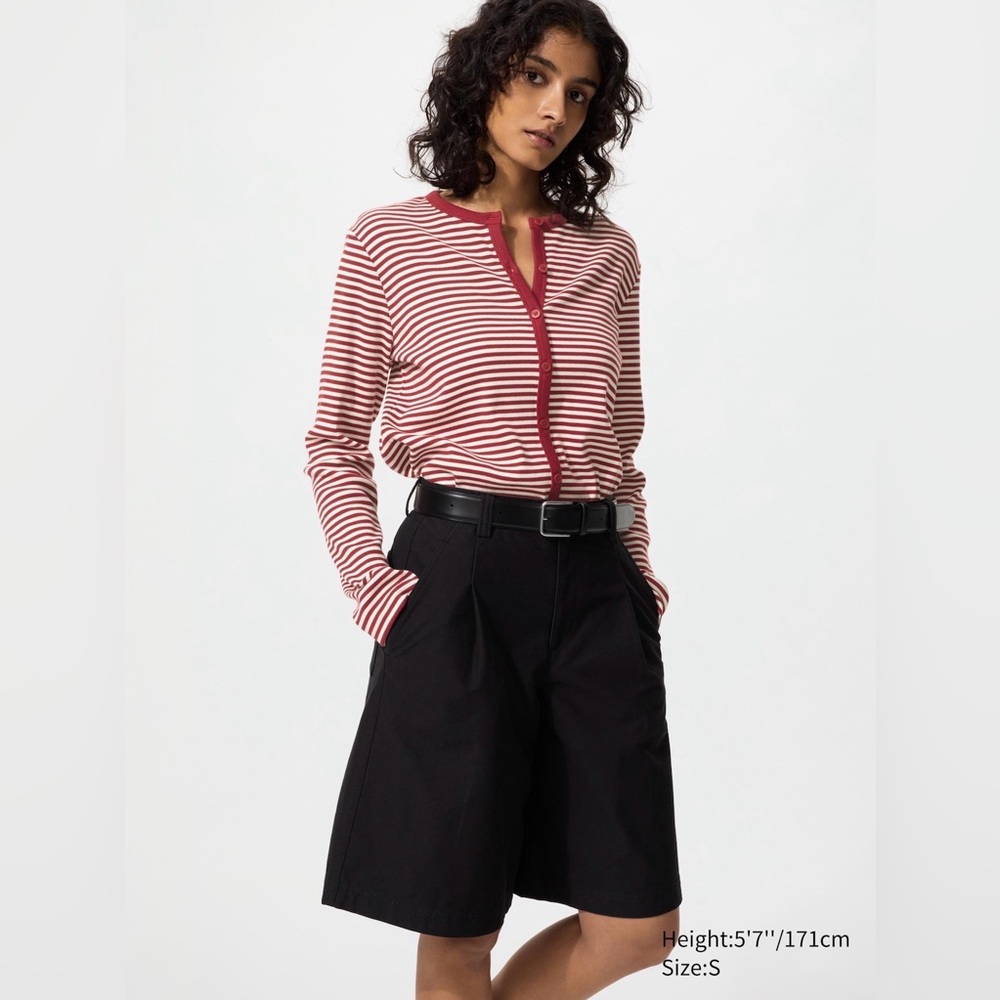 Uniqlo Red and White Striped Long-Sleeve Button Cardigan